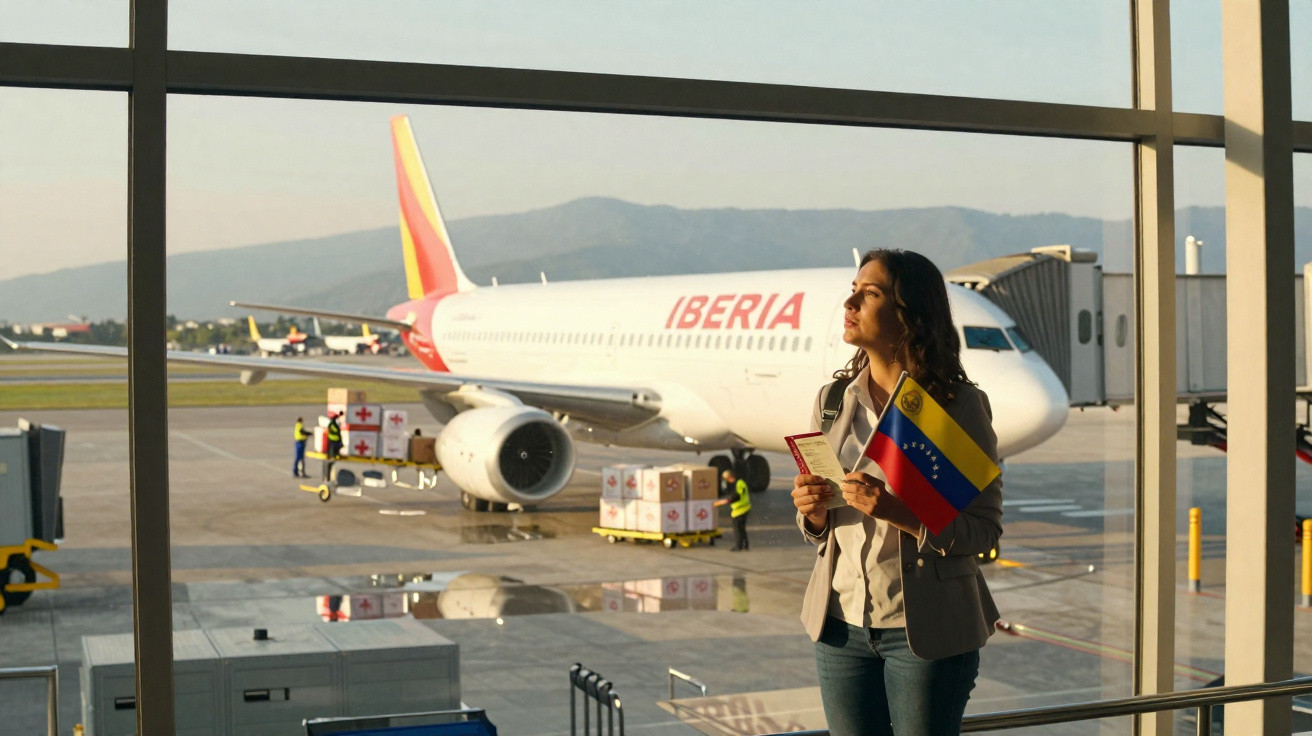 Mulher segurando passaporte e bandeira da Venezuela no aeroporto com avião Iberia estacionado ao fundo.