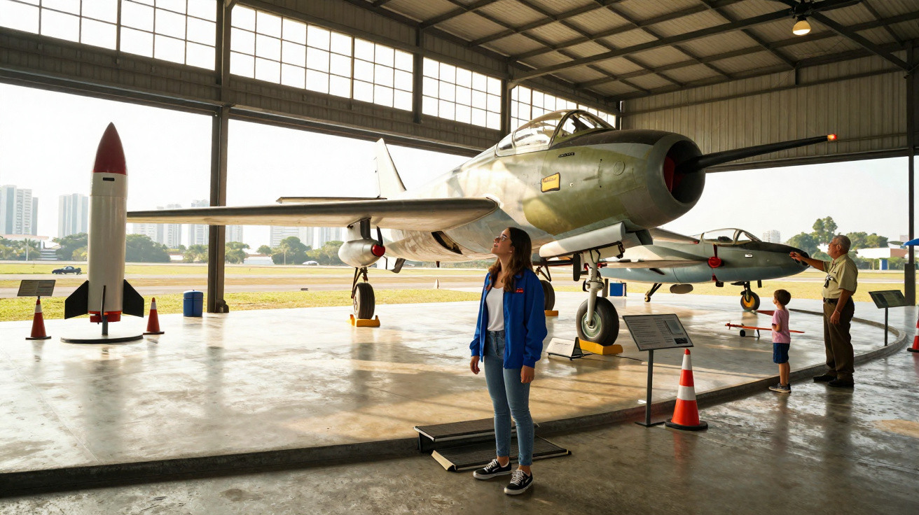 Pessoas observando aviões militares expostos em um hangar em museu de aviação durante o dia.