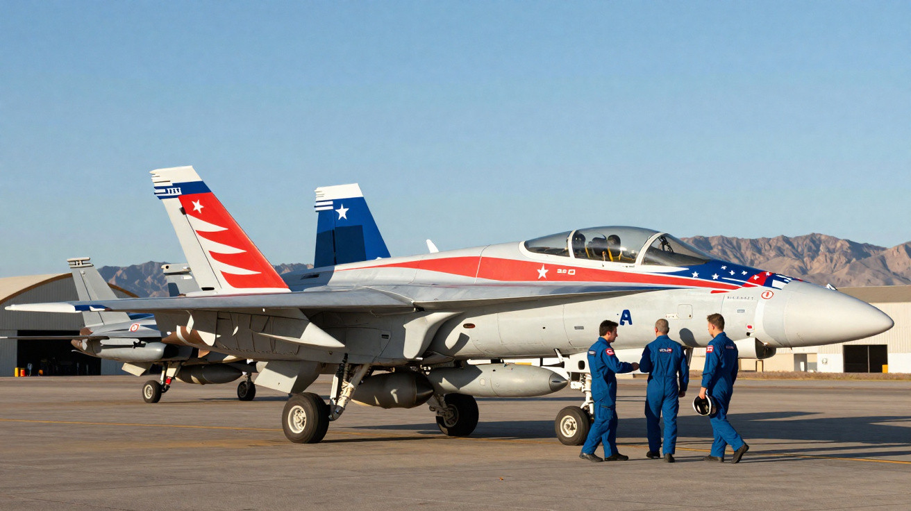 Caça militar estacionado com pilotos em uniforme azul conversando ao lado em pista de aeroporto com montanhas ao fundo.