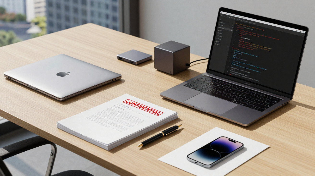 Mesa de escritório com dois laptops, celular, documentos confidenciais, caneta e dispositivos eletrônicos.