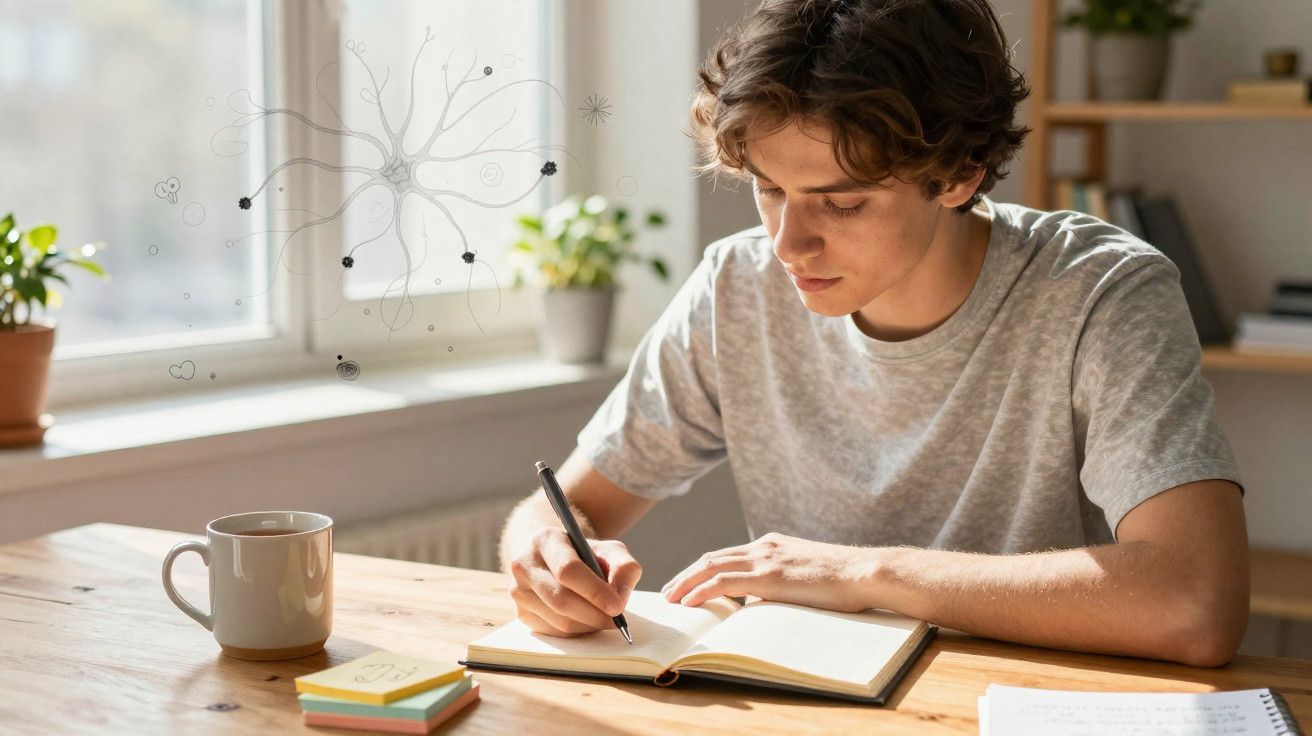 Jovem sentado à mesa escrevendo em caderno, com xícara, blocos de anotação e planta ao fundo.