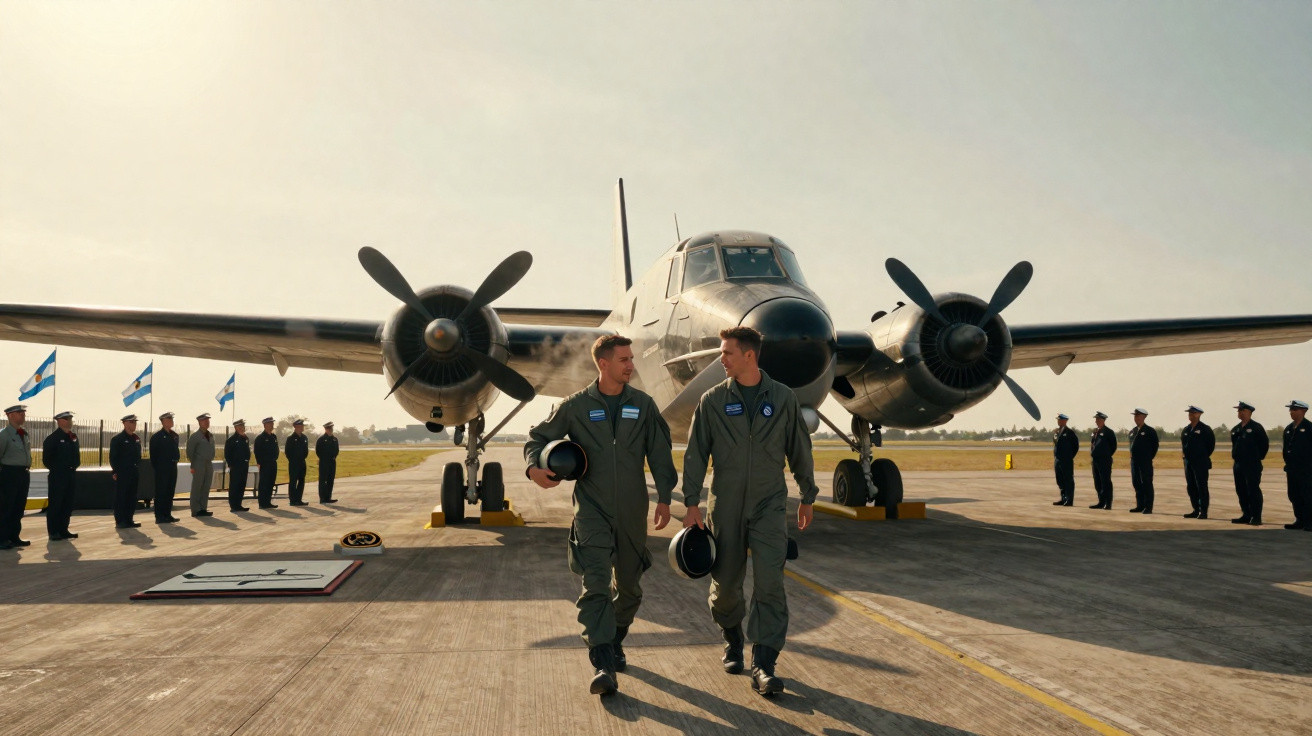 Dois pilotos militares caminhando à frente de um avião de hélice com soldados alinhados ao fundo.