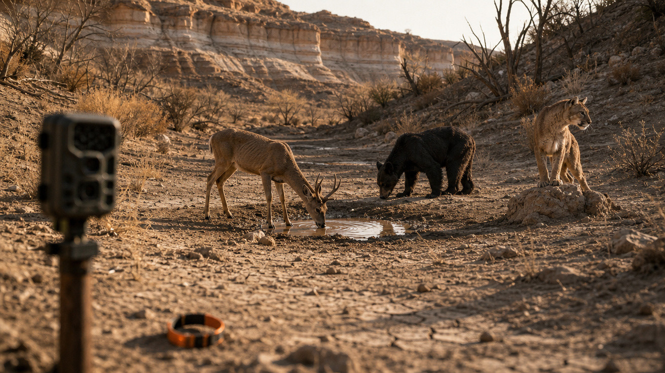 Cervo, urso e puma próximos a poça d'água em ambiente seco e rochoso, com câmera de rastreamento à esquerda.