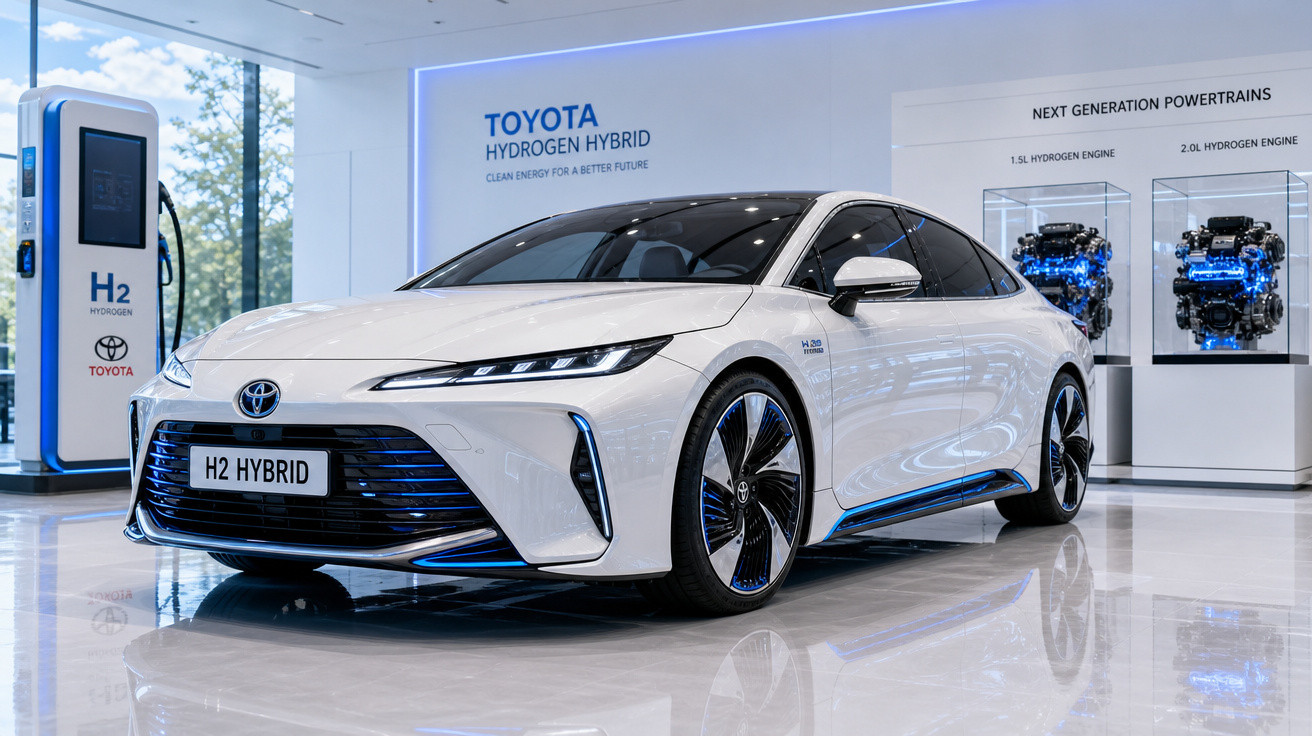 Carro Toyota H2 Hybrid branco exposto em sala com estação de abastecimento de hidrogênio e motores ao fundo.