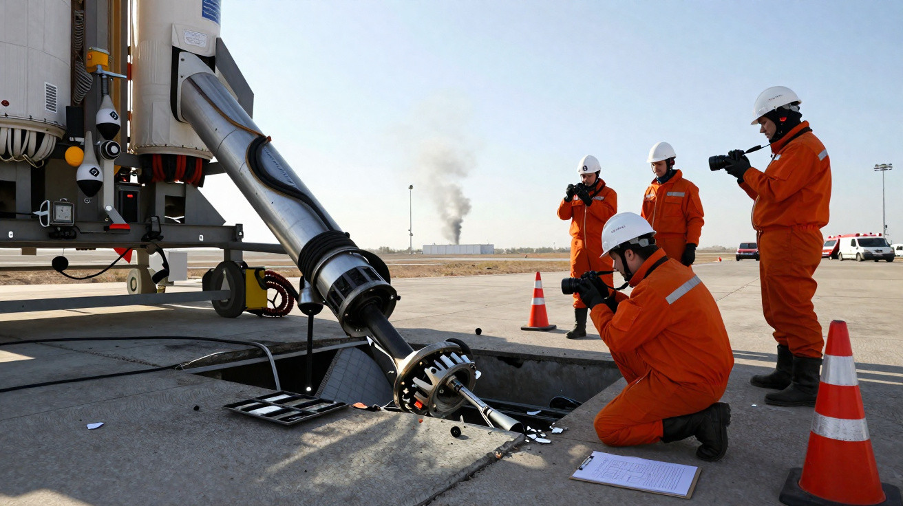 Equipe em macacões laranja e capacetes brancos registrando com câmeras atividade em equipamento industrial.