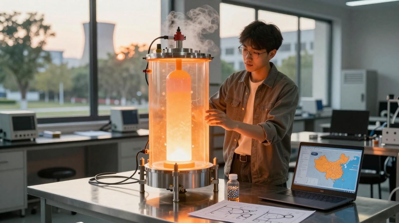Jovem cientista observa experimento com cilindro iluminado em laboratório moderno durante o dia.
