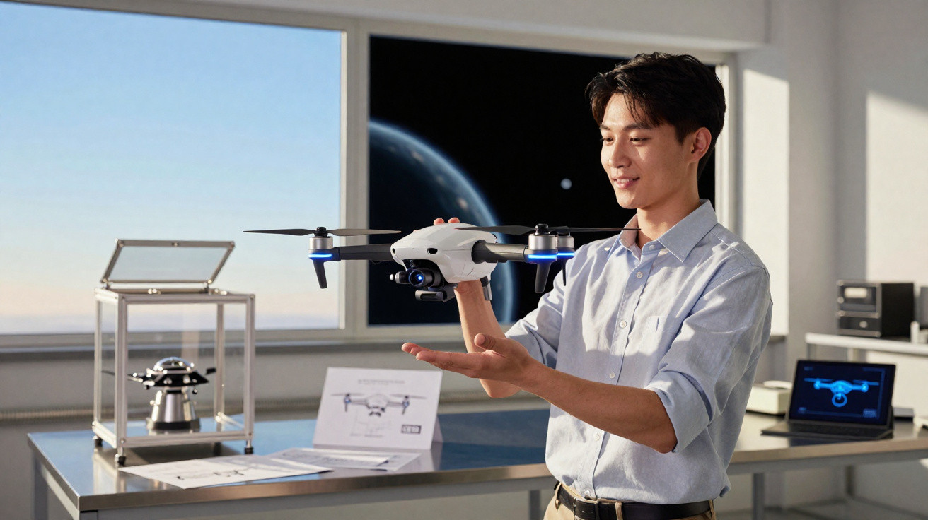 Homem segurando drone branco em ambiente moderno com mesa e laptop ao fundo.