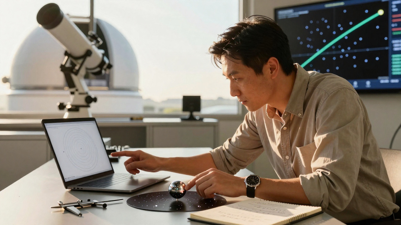 Homem analisa modelo de sistema solar em formato esférico enquanto consulta dados em laptop na mesa de escritório.