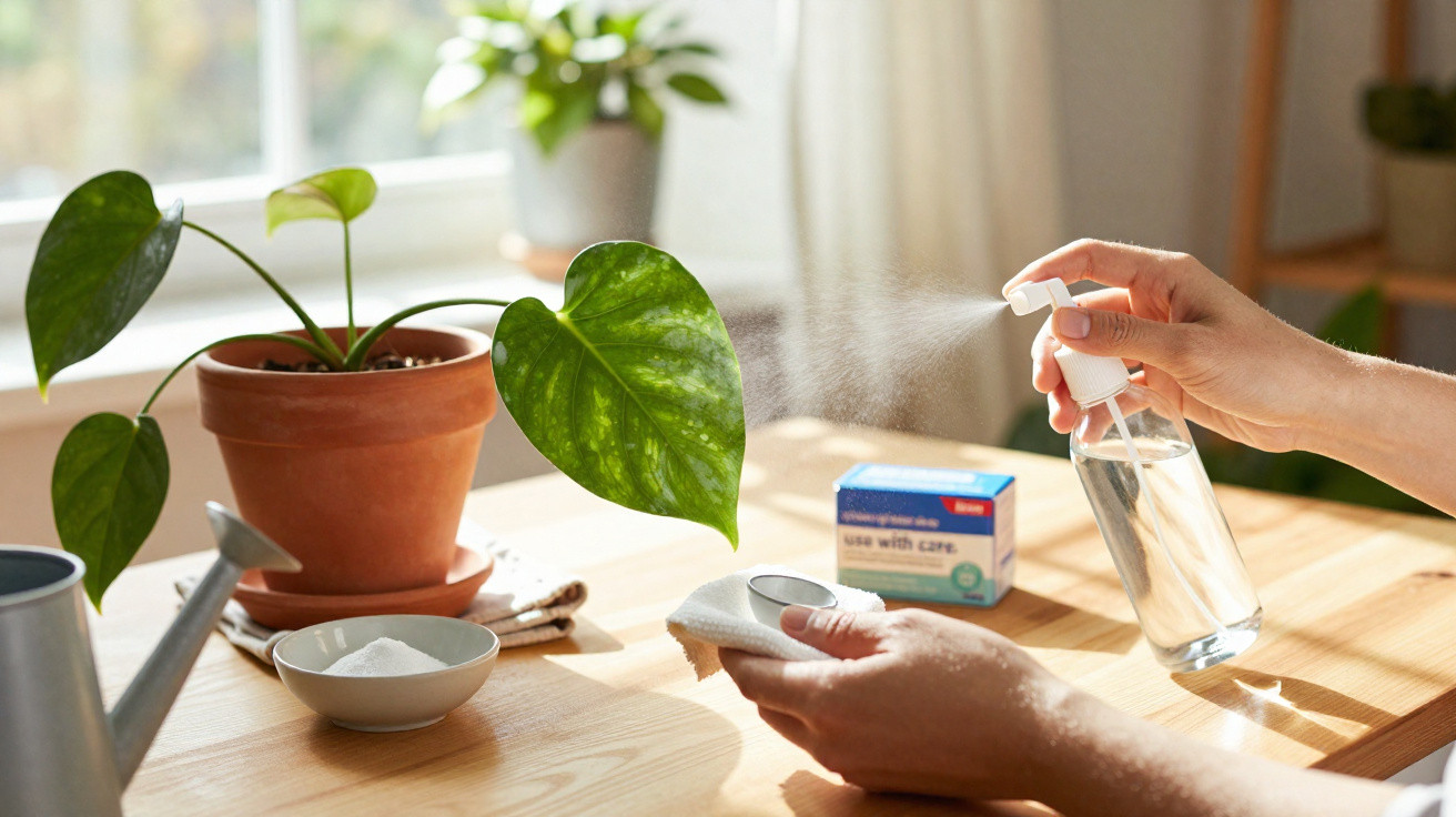 Pessoa borrifando água em prato para planta, vasos e regador em mesa perto de janela iluminada