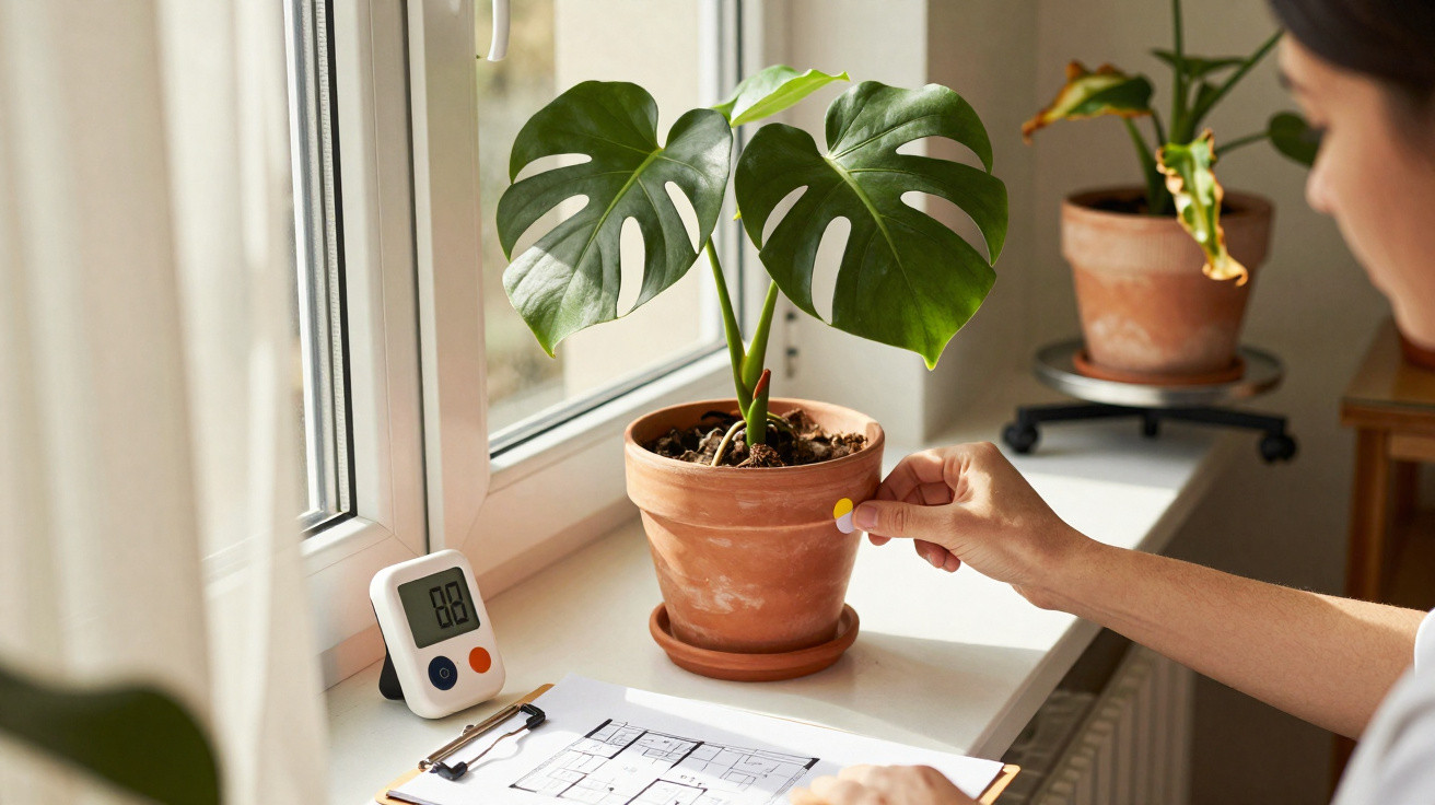 Pessoa cuidando de planta Monstera em vaso de barro ao lado de prancheta com planta arquitetônica.