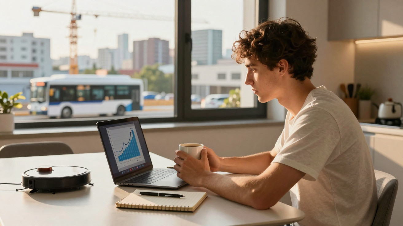 Homem jovem segurando xícara e olhando para laptop com gráfico de barras em mesa com caderno e robô aspirador.