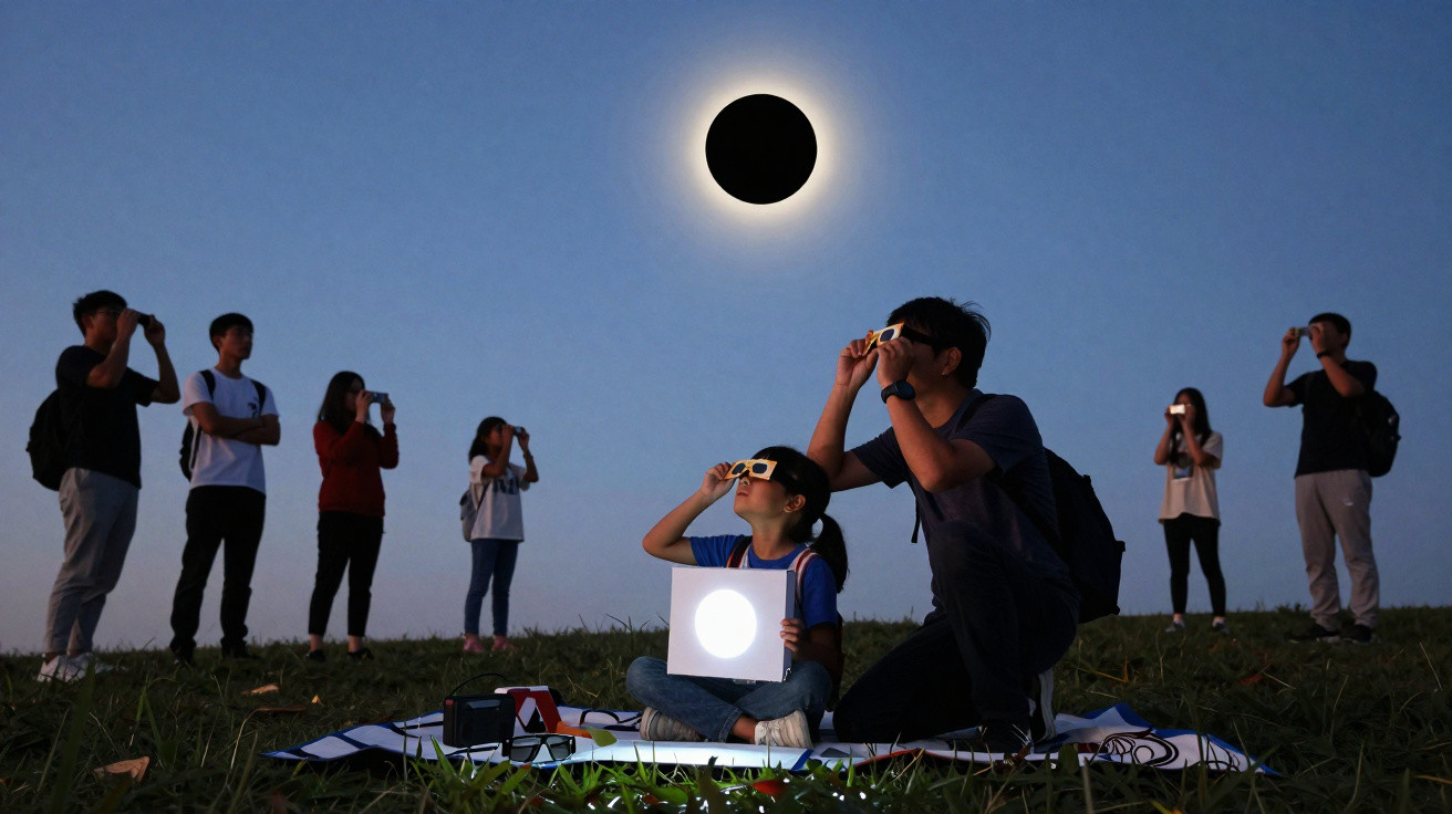 Pessoas observando eclipse solar com óculos especiais em campo ao entardecer, céu azul escuro.