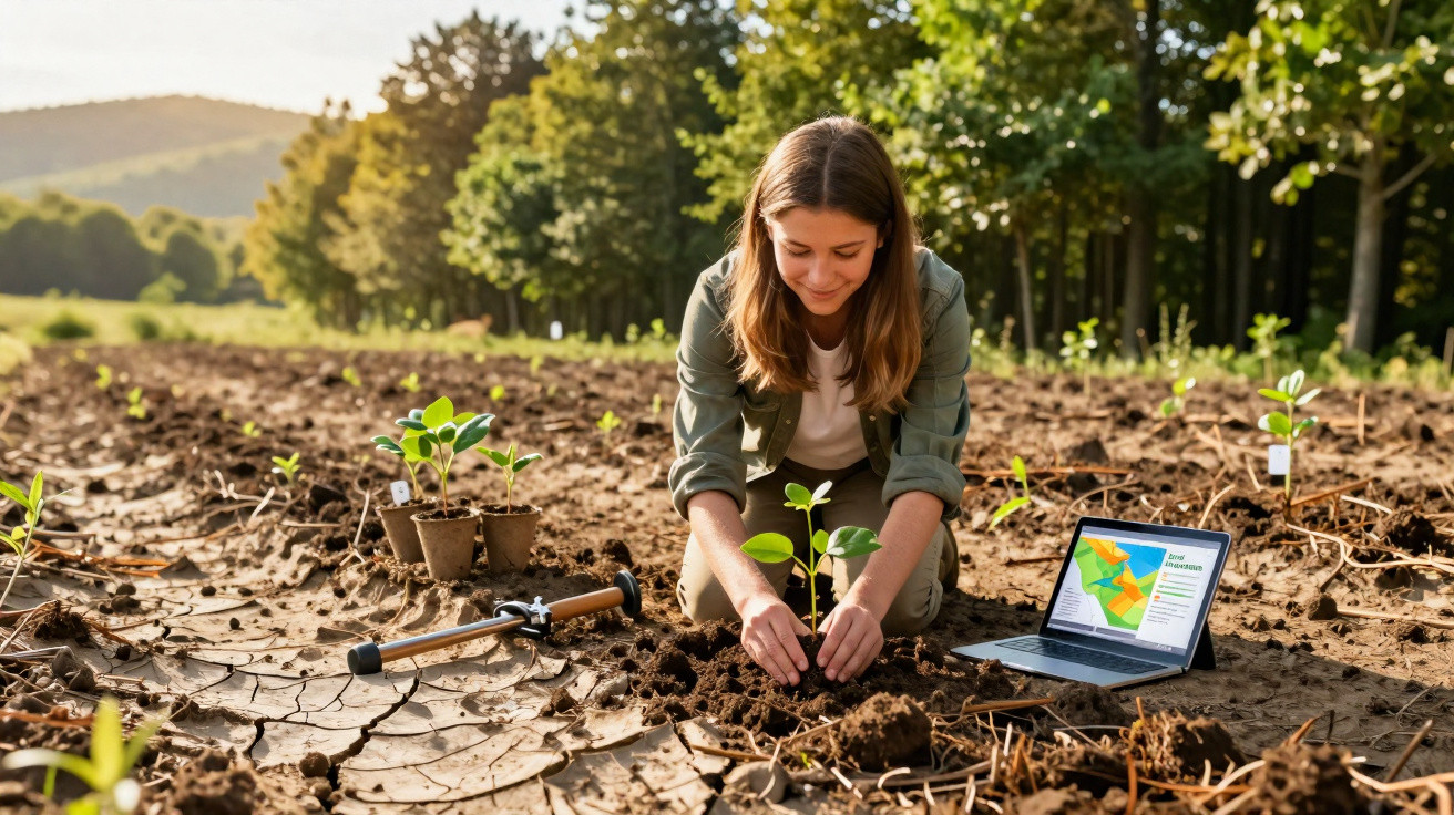 Mulher plantando muda em solo seco com laptop e ferramentas em área rural ao amanhecer.