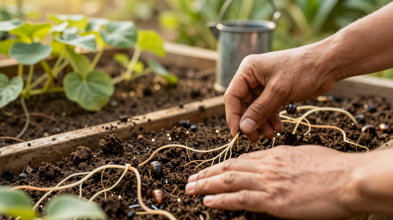 Mãos plantando sementes no solo de um canteiro de jardim com plantas verdes ao fundo.
