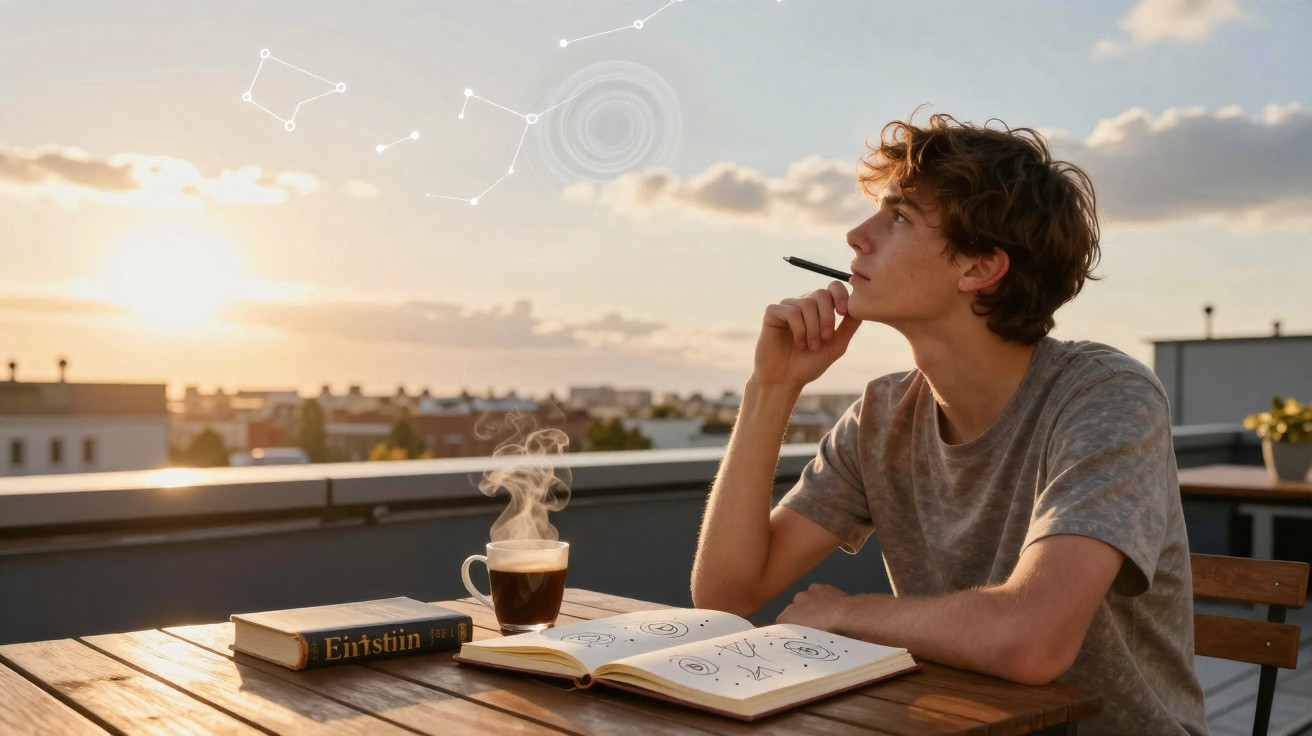 Jovem pensa olhando para o céu ao entardecer, com livro, caderno de astronomia e café em mesa de madeira.