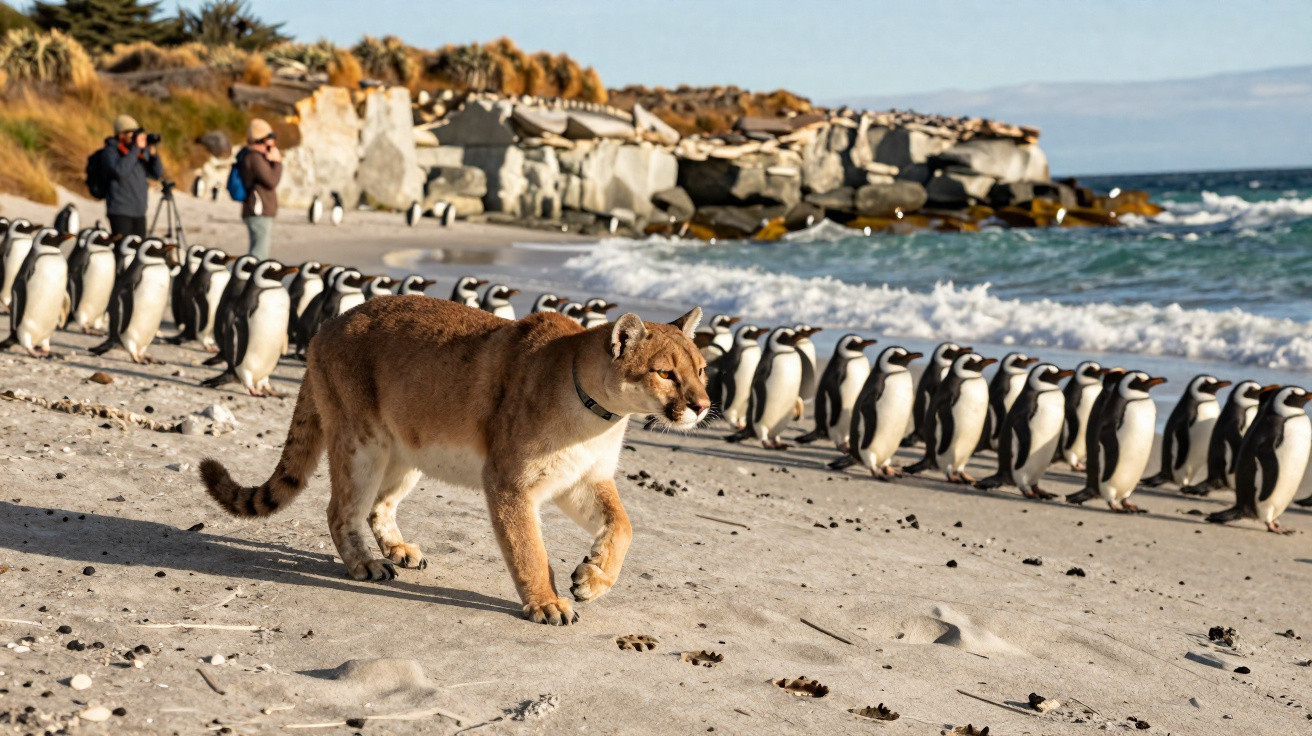 Onça-parda caminha próxima a pinguins alinhados na praia, com pessoas observando ao fundo.