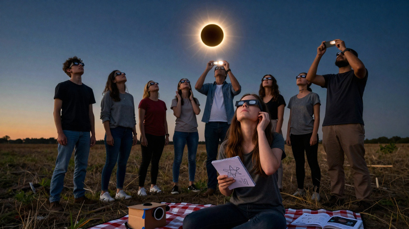 Grupo de pessoas usando óculos especiais observando eclipse solar total ao entardecer em área aberta.