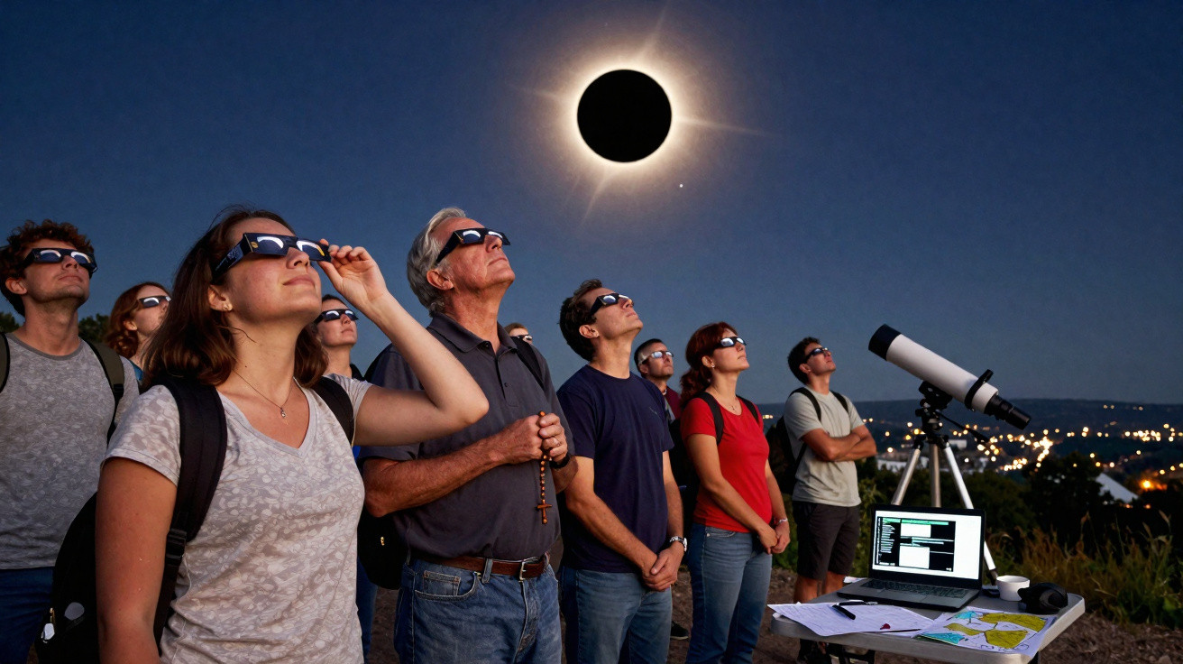 Grupo de pessoas usando óculos especiais observando o eclipse solar total à noite com telescópio e computador.