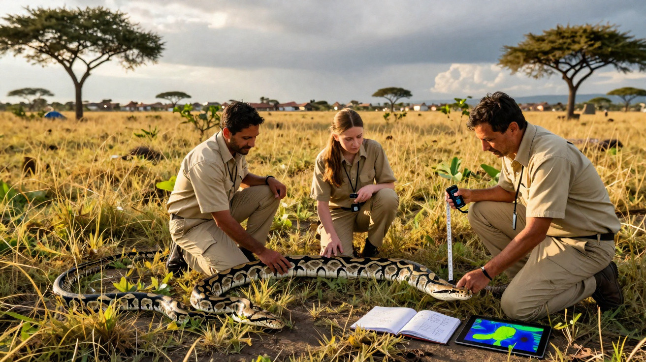 Três pesquisadores medem e estudam uma grande píton na savana com equipamentos e anotações.