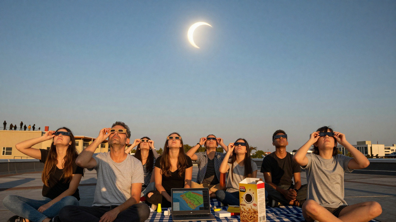 Grupo de pessoas com óculos especiais assistindo eclipse solar parcial ao ar livre no fim da tarde.