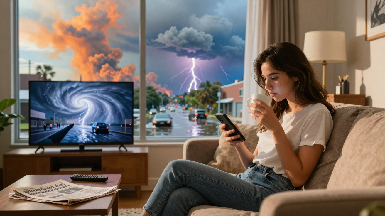 Mulher sentada no sofá com celular e bebida, com tempestade visível pela janela e tornado na TV.