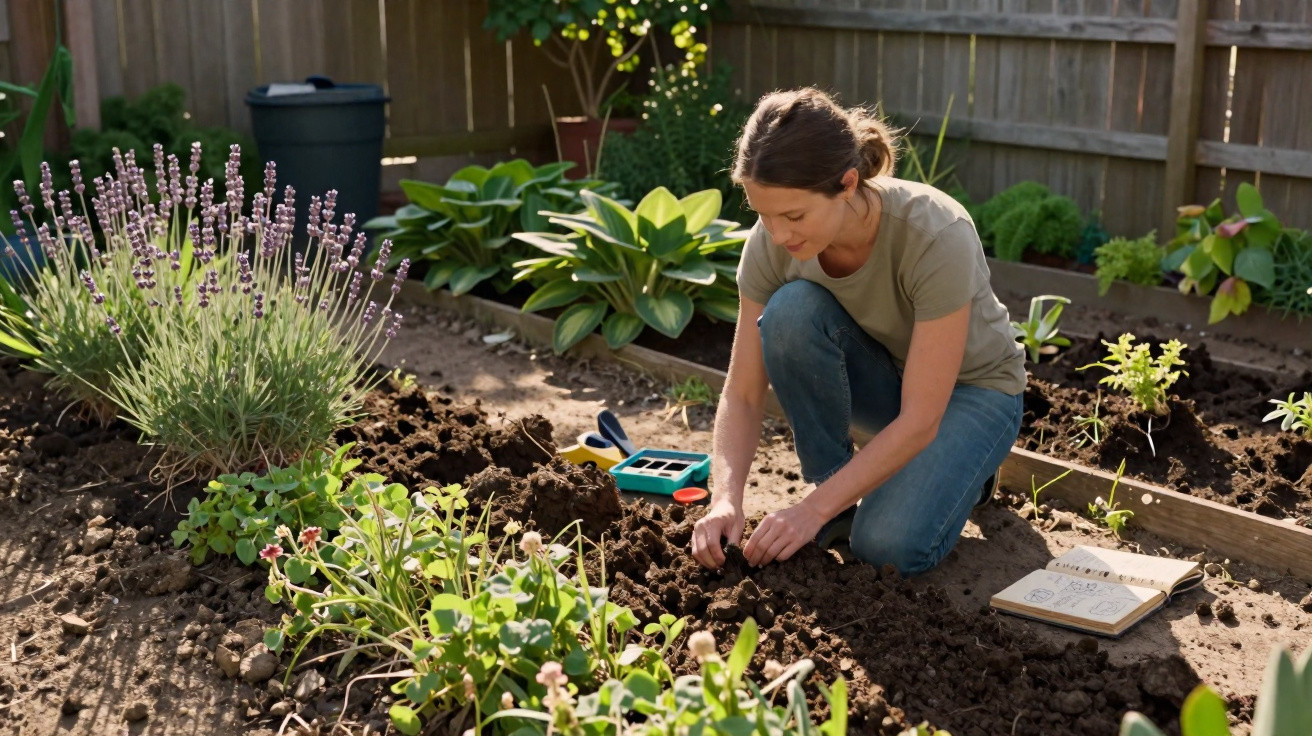 Mulher agachada plantando sementes em canteiro de jardim com caderno aberto ao lado.