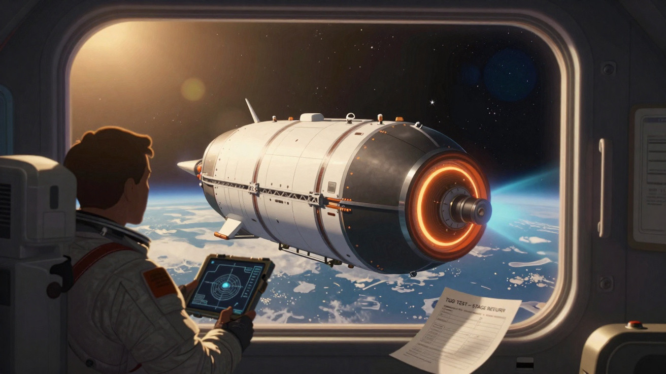 Astronauta observa nave espacial com visor brilhante orbitando a Terra vista da janela da estação espacial.