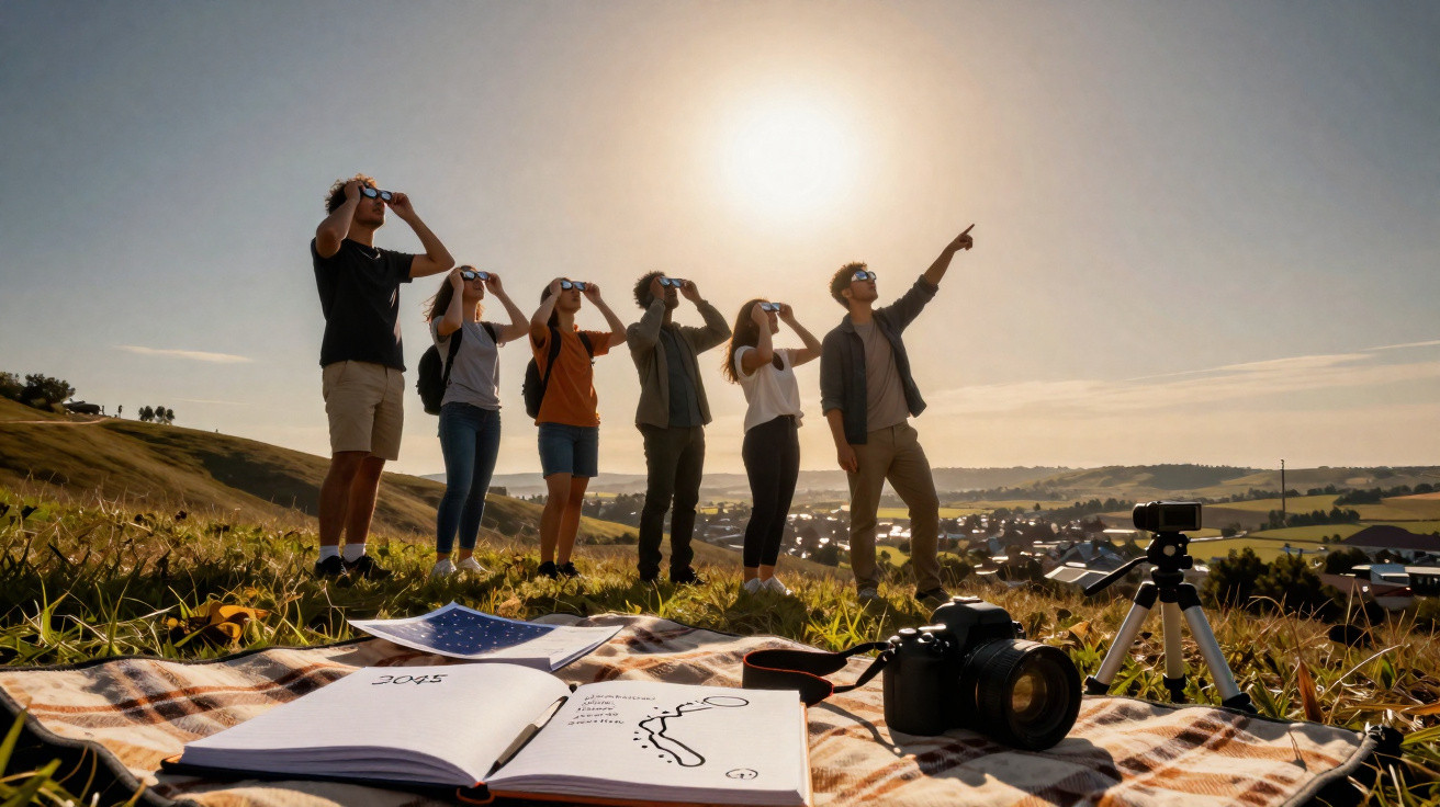 Grupo de seis pessoas observando o céu com óculos especiais durante o dia em área rural com caderno e câmera.