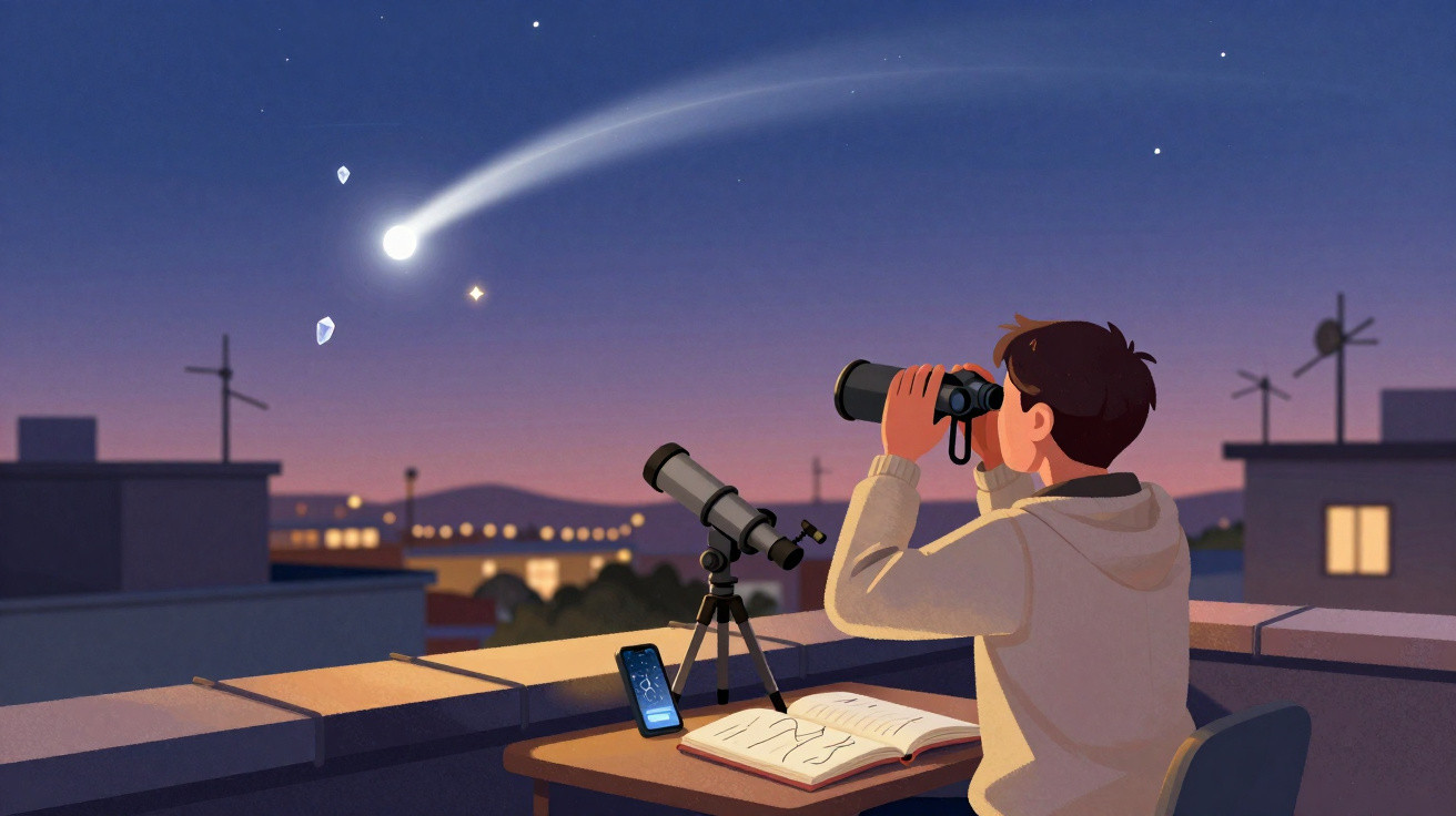 Jovem observa com binóculos uma cometa no céu ao entardecer, com telescópio e livro sobre mesa na varanda.