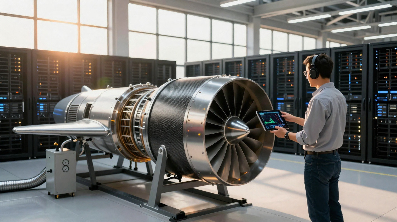 Engenheiro com tablet monitora turbina a jato em laboratório tecnológico com servidores ao fundo.