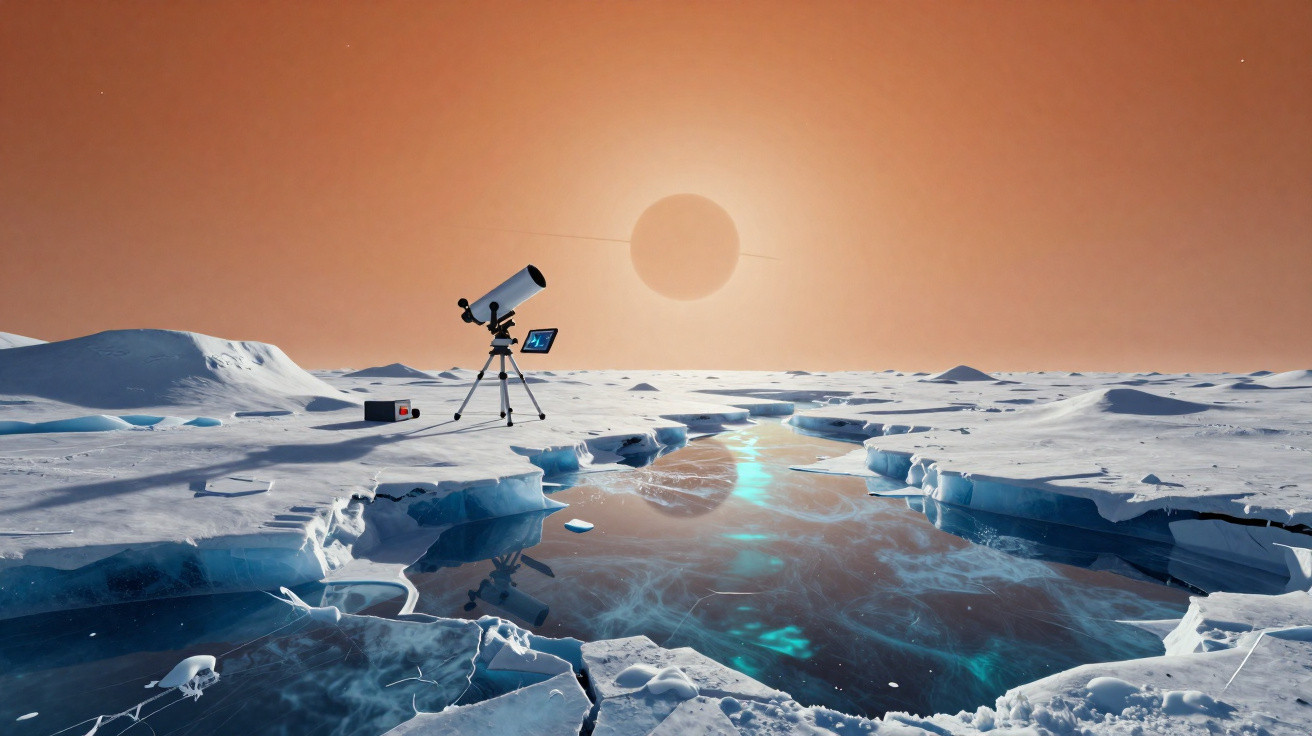 Telescópio em tripé observa um grande sol alaranjado no céu sobre paisagem congelada com água azul refletindo luz.