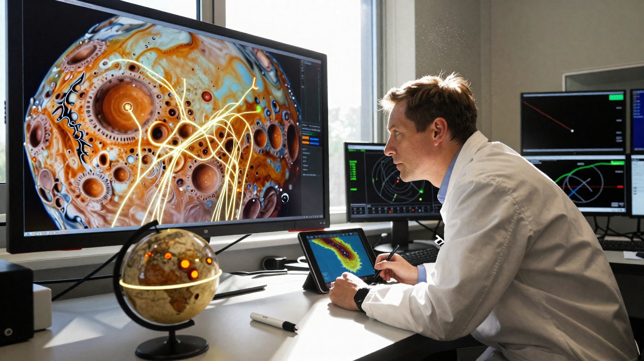 Cientista em laboratório analisando dados planetários em vários monitores e tablet em mesa iluminada.