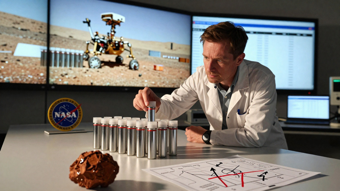 Cientista em laboratório organizando amostras com imagem de rover e logo da NASA ao fundo.
