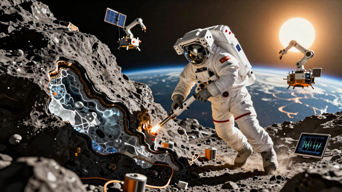 Astronauta em traje espacial explorando um asteroide com equipamentos científicos sob o sol e a Terra ao fundo.