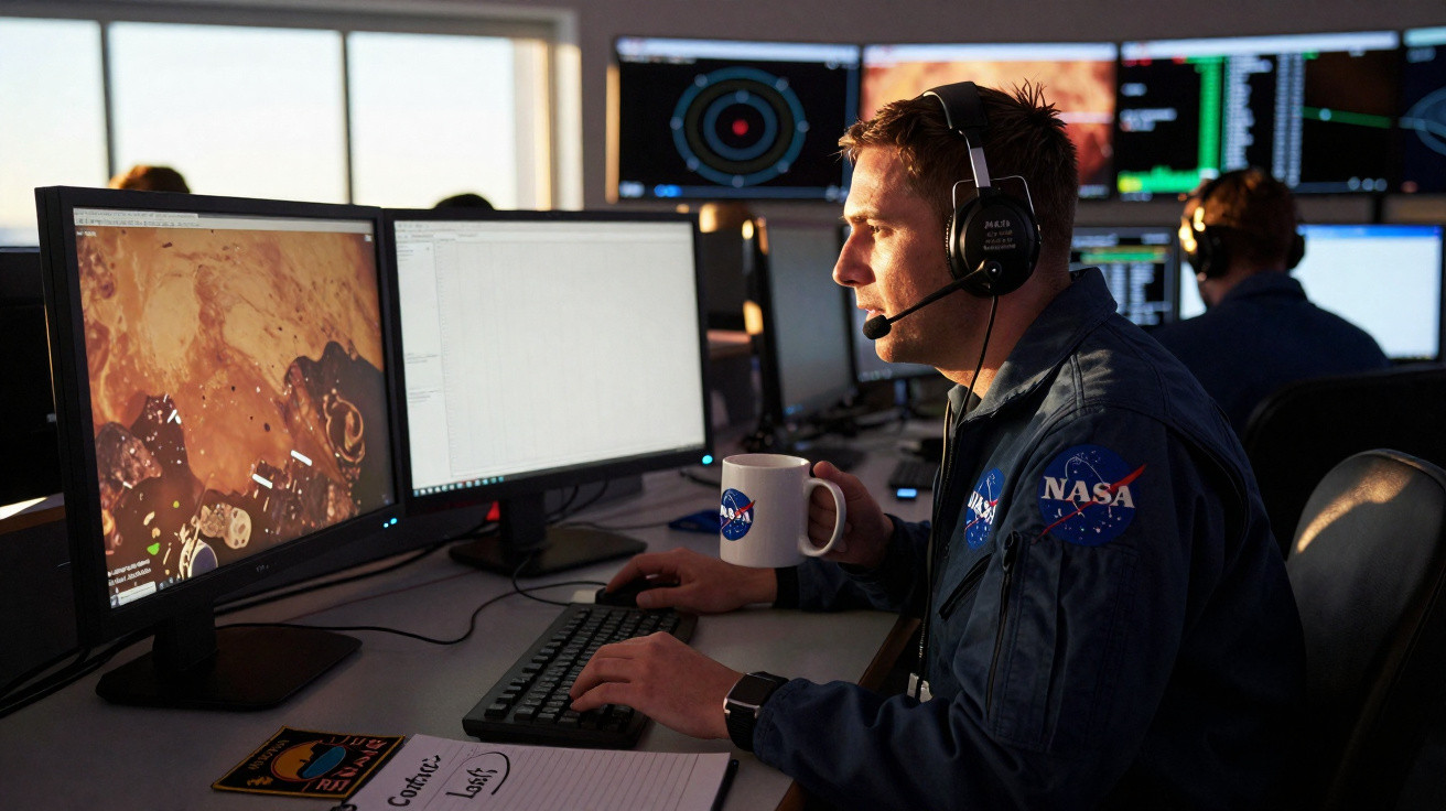 Homem com uniforme da NASA usando headset e segurando caneca, trabalhando em múltiplos computadores em sala de controle.