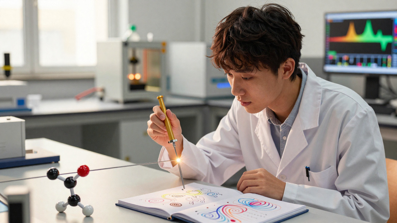 Jovem cientista em laboratório usando jaleco analisa desenho colorido em caderno com modelo molecular na mesa.