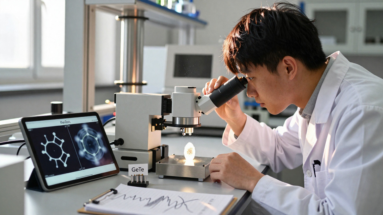 Cientista observa amostra em microscópio em laboratório com tablet exibindo imagens moleculares à esquerda.
