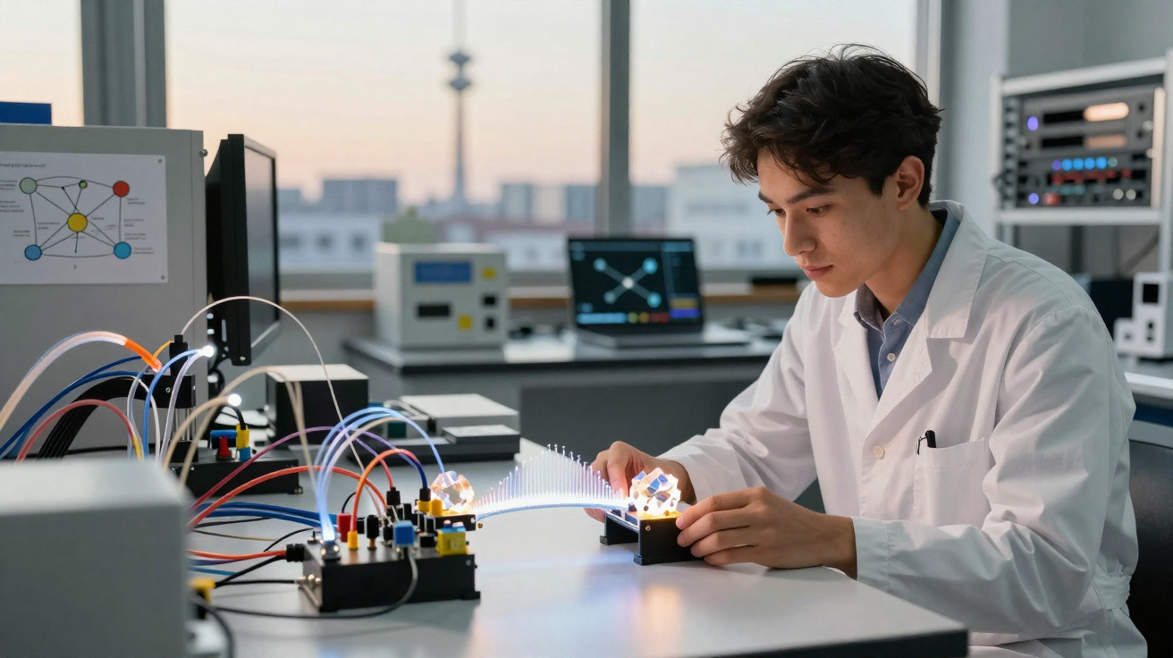Jovem cientista em laboratório com jaleco branco observando dispositivo eletrônico conectado por fios coloridos.