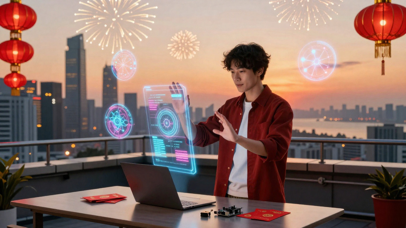 Jovem interagindo com hologramas tecnológicos ao pôr do sol em varanda com lanternas e fogos de artifício.