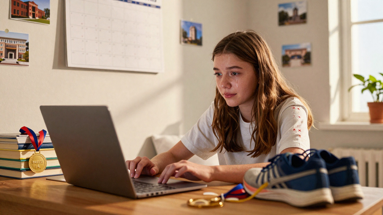 Adolescente chorando enquanto trabalha em laptop, com medalha, livros e tênis sobre a mesa em um quarto iluminado.
