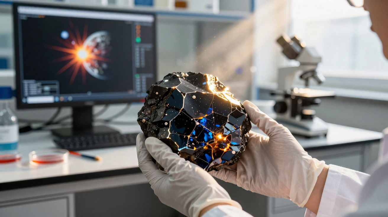 Mãos com luvas seguram meteorito em laboratório com computador e microscópio ao fundo.