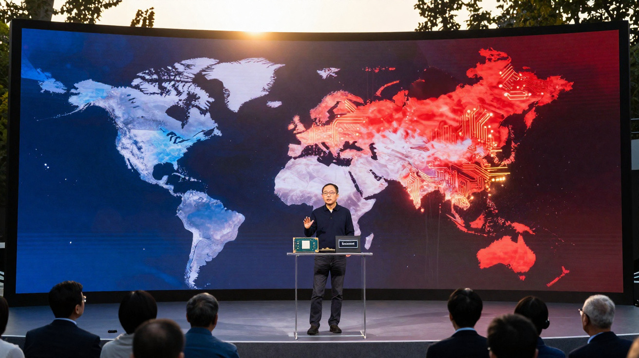 Homem apresentando palestra com mapa-múndi digital em painel mostrando áreas em azul e vermelho para público sentado.
