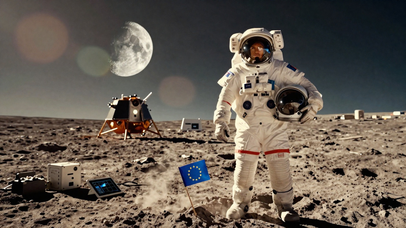 Astronauta na superfície da lua com bandeira da União Europeia, módulo lunar e lua ao fundo.