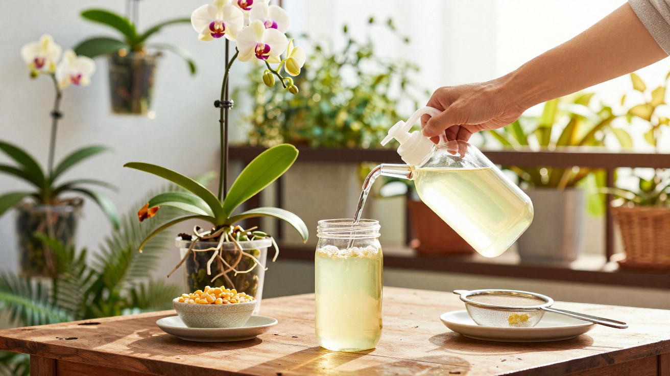 Pessoa despejando líquido amarelo em copo com flores, plantas e orquídeas ao fundo em mesa de madeira.