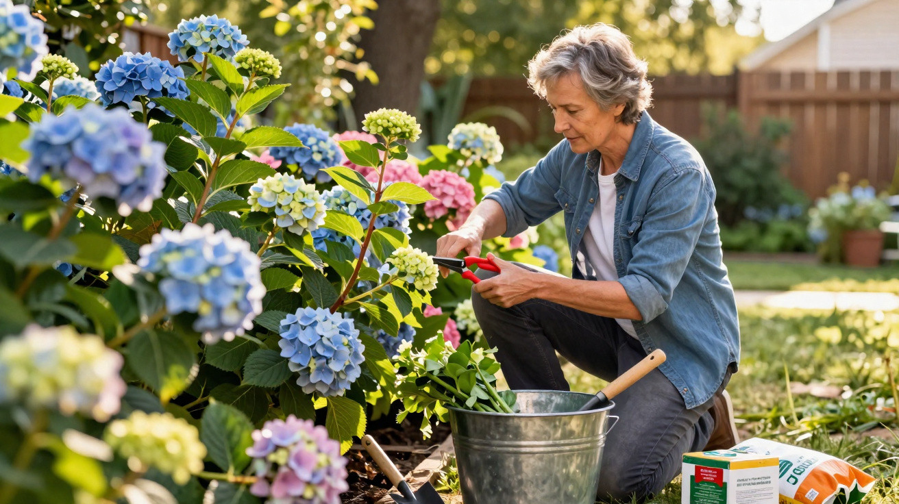 Mulher adulta podando flores coloridas em jardim ensolarado com ferramentas de jardinagem ao lado.