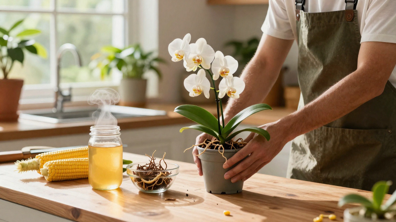 Pessoa cuidando de orquídea branca em vaso cinza sobre mesa de madeira na cozinha.