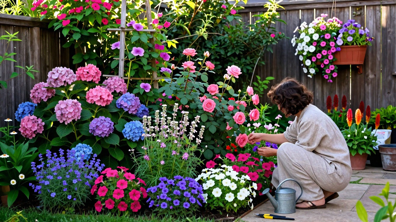 Mulher cuidando de flores coloridas em jardim com cerca de madeira ao fundo em dia ensolarado.