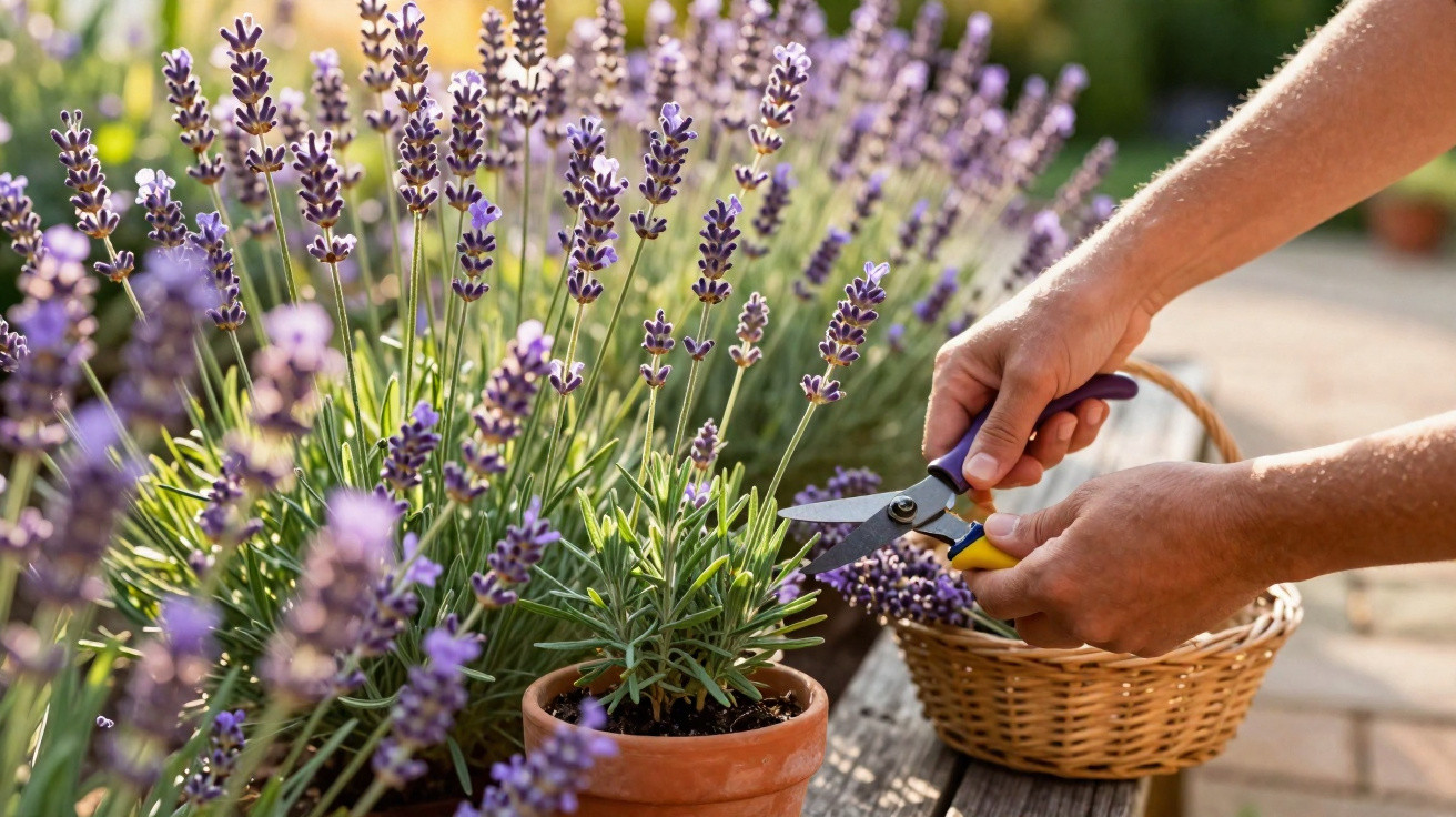 Pessoa colhendo flores de lavanda com tesoura em vasos de barro e cesta de vime ao ar livre.