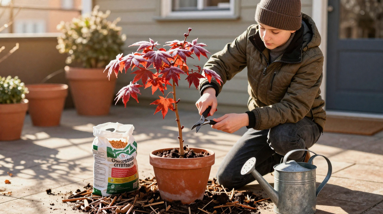 Menino cuidando de planta com tesoura de poda em jardim ao ar livre, com regador e adubo.