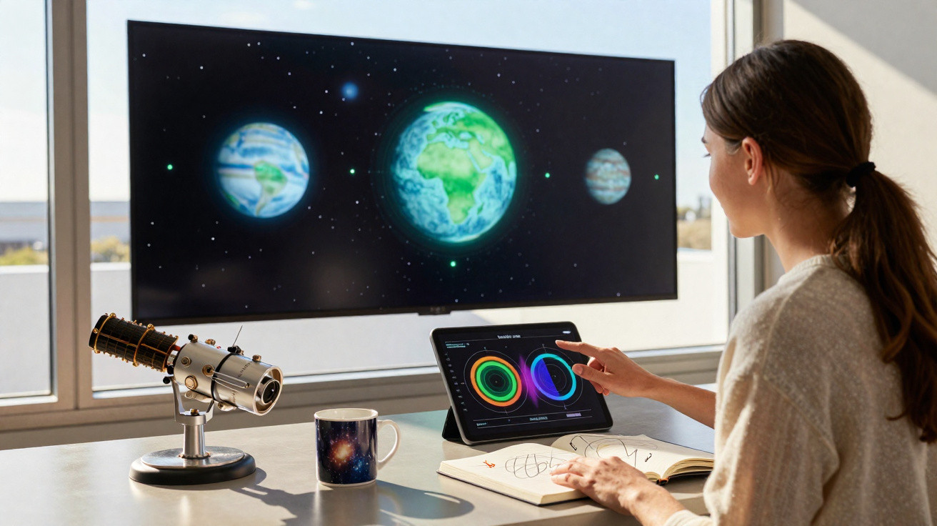 Pessoa usando tablet com gráficos coloridos, com telescópio, caneca e imagens de planetas no fundo.